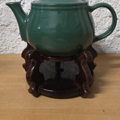 Green ceramic teapot with wooden stand / tea warmer (bundle)