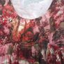 Long dress in red, orange, pink abstract floral pattern Image 2