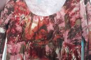 Long dress in red, orange, pink abstract floral pattern