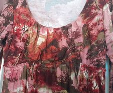 Long dress in red, orange, pink abstract floral pattern