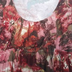 Long dress in red, orange, pink abstract floral pattern