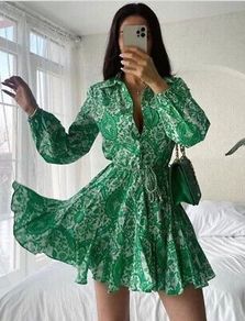 ZARA Green Paisley Floral Print Mini Shirt Dress XS
