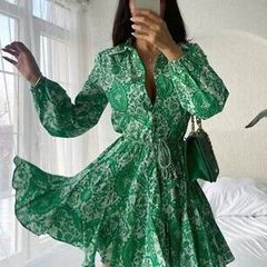 ZARA Green Paisley Floral Print Mini Shirt Dress XS