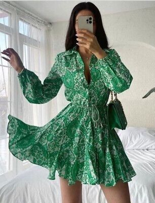 ZARA Green Paisley Floral Print Mini Shirt Dress XS