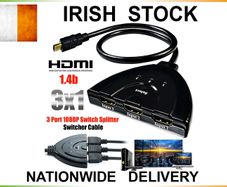 3 Port HDMI Splitter Cable Auto 1080P 3D Switch Switcher Hub LCD HDTV PS3 Xbox