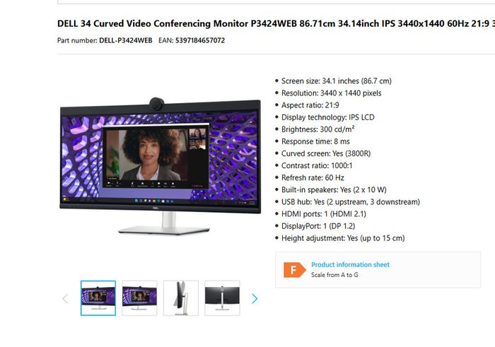 Dell P3424WEB 34-inch Curved Video Conferencing Monitor