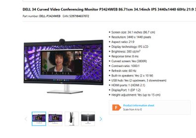 Dell P3424WEB 34-inch Curved Video Conferencing Monitor