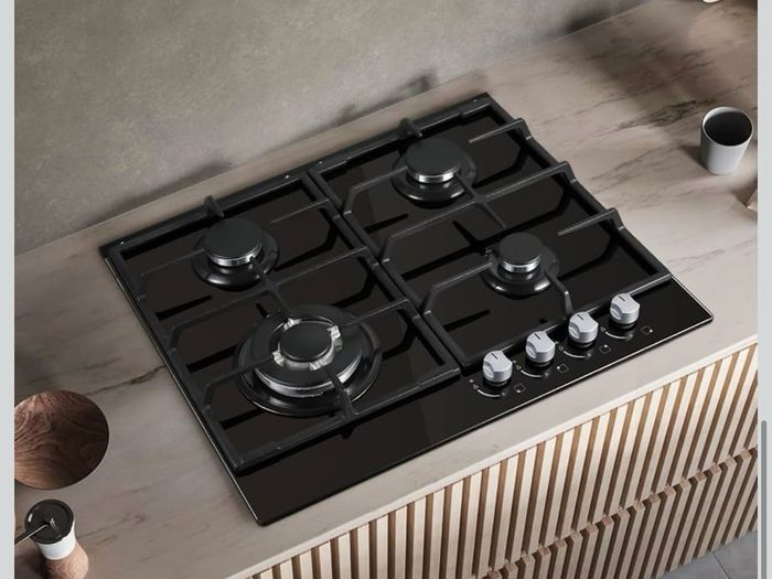 Gas Hob 4 Burners, 60cm Black Glass Gas Cooker Hob, 8060W Wok Burner, Built-in Cooktop with Flame Failure Protection, NG/LPG Convertible