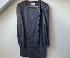 JAEGER Wool Blend Houndstooth Ruffle Shift Dress Grey Black UK 12 US 10