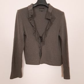 Antwerp Khaki Grey Ruffle Edge Long Sleeve Cardigan Bolero 100% Wool Knit Top Size L