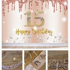 Rose Gold 15th Party Decorations set and Backdrop Banner