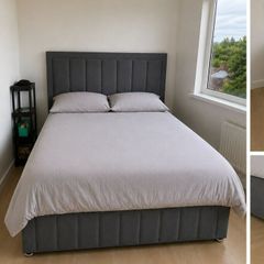 Grey Upholstered Double Bed + Mattress + Storage