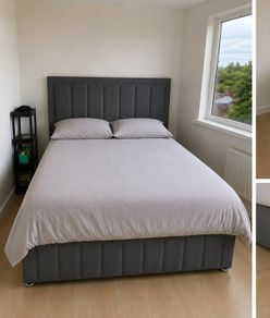 Grey Upholstered Double Bed + Mattress + Storage