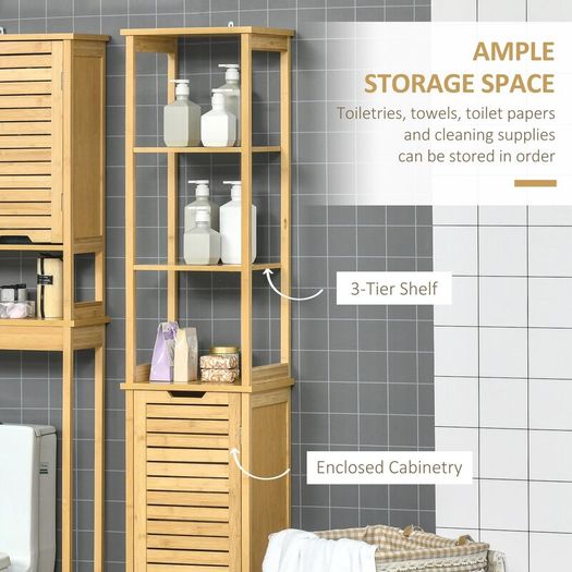 Storage Cabinet, Bamboo Floor Cabinet with 3 Shelves