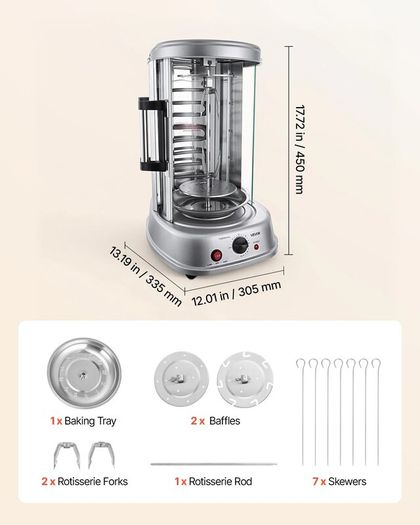 Countertop Vertical Rotating Oven 11.5L Rotisserie Shawarma Machine, 1500W Kebab Grill Roaster with Heat-Resistant Door, Drip Tray, and Timer Control, Kebab Rack with 7 Skewers