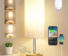 Bedside Lamps, Table Lamp for Living Room Bedroom, Touch Lamps Bedside with USB A+C Charging Ports, Dimmable Small Lamp with Fabric Shade for Kids Room, Study, Dorm, Office(Bulb Included)