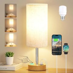 Bedside Lamps, Table Lamp for Living Room Bedroom, Touch Lamps Bedside with USB A+C Charging Ports, Dimmable Small Lamp with Fabric Shade for Kids Room, Study, Dorm, Office(Bulb Included)