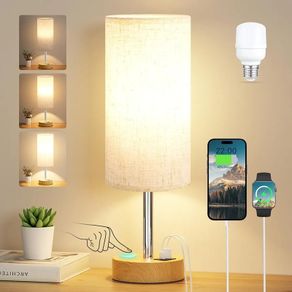Bedside Lamps, Table Lamp for Living Room Bedroom, Touch Lamps Bedside with USB A+C Charging Ports, Dimmable Small Lamp with Fabric Shade for Kids Room, Study, Dorm, Office(Bulb Included)