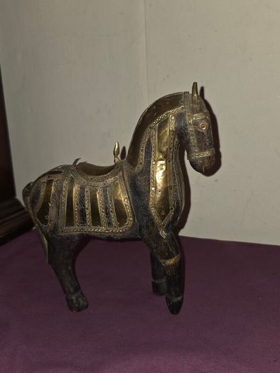 Vintage Hand Carved Wood and Brass Armor Horse Statue