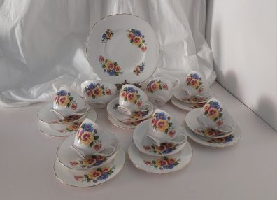 Stunning Vintage Dorchester Finest Bone China 21 Piece Teaset in a Fabulous Multicoloured Pansy Pattern in Excellent Condition