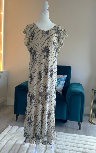 Ladies Beige & Mocha Long Dress with Cap Sleeves from Viyella