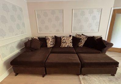 Large Modular Corner Sofa / U-Shaped Sofa with Footstool in Chocolate Brown