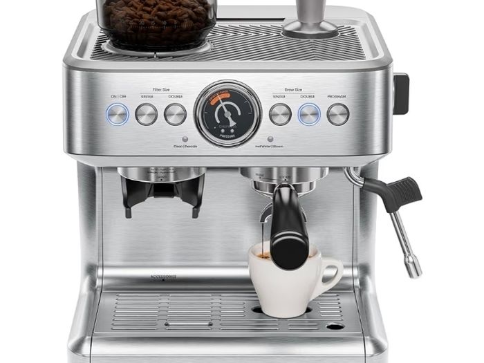 15 Bar Espresso Machine with Milk Frother, Barista Steam Wand, Professional Coffee Maker with Coffee Grinder, 30 Grind Settings, 3L Removable Water Tank - Stainless Steel