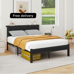 Double Bed Frame with Wooden Storage Shelf Headboard