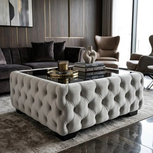 Chesterfield Coffee Table Velvet Rectangle 83x63x45cm with Glass