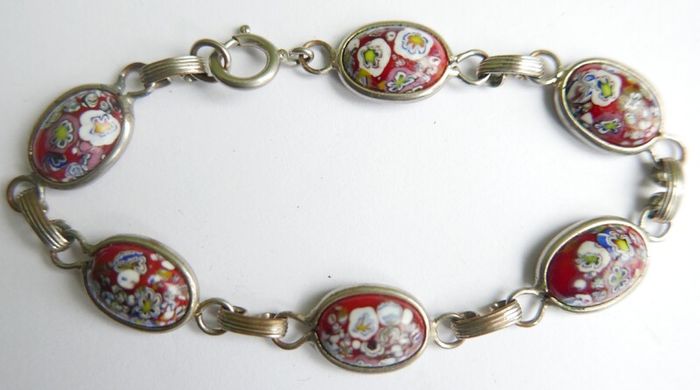 Vintage Glass Millefiori Red Italian Link Bracelet length 8"