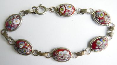 Vintage Glass Millefiori Red Italian Link Bracelet length 8"