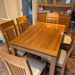 Complete Solid Oak Dining & Living Room Set Table & 6 Chairs, Dresser & Bookcase