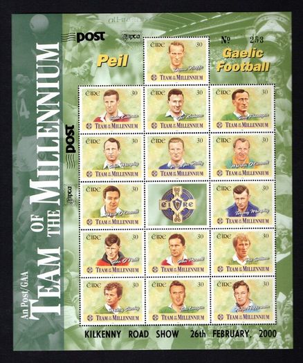 2000 & 2001 Ireland IPTA Roadshow Kilkenny 26th February 2000 and 17th February 2001 Commemorative Stamps Exhibition Souvenir on GAA Gaelic Football (2000) and GAA Hurling (2001) Sheet Mint Never Hinged (MNH)