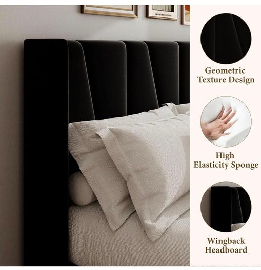 Double Bed Frame with Headboard, Velvet Geometric Tufted Upholstered Platform Bed Frames, Contemporary Mattress Foundation, No Box Spring Needed, Noise Free, Easy Assembly, Black