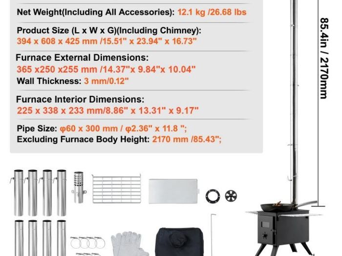 Wood Stove Alloy Steel Camping Tent Stove Portable Wood Burning Stove with Chimney Pipes & Gloves with 8 Pipes