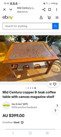 Stunning and Unique/Rare Mid Century Modern Wooden Coffee Table with Smoked Glass and Acid-Etched Copper Inlay and Slatted Magazine Shelf