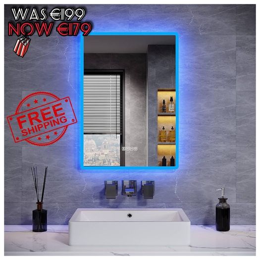 NEW SALE | Backlit Bluetooth Bathroom Mirrors with Shaver Socket, 500 x 700 mm Illuminated Wall Mounted Bathroom Vanity Mirror with LED Lights and Demister Pad, Blue Atmosphere Light LED Smart Mirrors