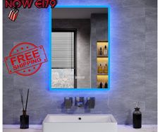 NEW SALE | Backlit Bluetooth Bathroom Mirrors with Shaver Socket, 500 x 700 mm Illuminated Wall Mounted Bathroom Vanity Mirror with LED Lights and Demister Pad, Blue Atmosphere Light LED Smart Mirrors