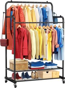 Heavy Duty Clothes Rail with Wheels, Double Rails Metal Clothes Rack with Hooks & Storage Shelf, 80kg Load Freestanding Garment Rail for Bedroom/Laundry/Shop (Black)