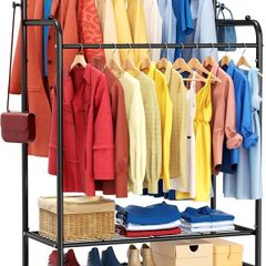 Heavy Duty Clothes Rail with Wheels, Double Rails Metal Clothes Rack with Hooks & Storage Shelf, 80kg Load Freestanding Garment Rail for Bedroom/Laundry/Shop (Black)