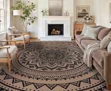 Washable Rugs for Living Room 160x230cm Mandala Easy Jute Rug Indoor Outdoor Patio Rug Farmhouse Neutral No Shed Carpet for Bedroom Backyard,Black Brown Hessian Sisal Look