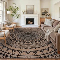 Washable Rugs for Living Room 160x230cm Mandala Easy Jute Rug Indoor Outdoor Patio Rug Farmhouse Neutral No Shed Carpet for Bedroom Backyard,Black Brown Hessian Sisal Look