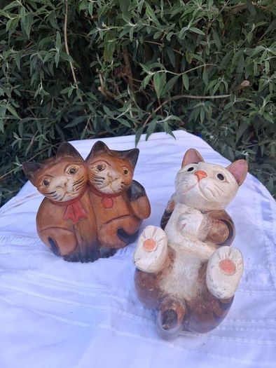 3 X Art Deco Handpainted Hardwood Cats