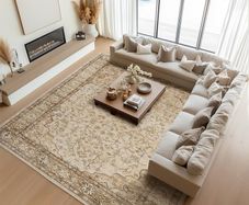 Large Rugs for Living Room 200x290, Faux Wool Short Pile Non-Slip Beige Area Rug, Machine Washable Traditional Moroccan for Bedroom