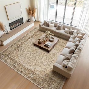Large Rugs for Living Room 200x290, Faux Wool Short Pile Non-Slip Beige Area Rug, Machine Washable Traditional Moroccan for Bedroom
