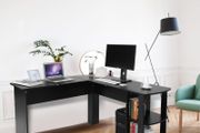 _Utility Wooden Office Computer Writing Desk Home Gaming PC Furnitur L-Shape Corner Study Computer Table With Book Shelf (black)