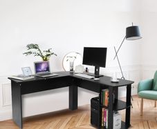 _Utility Wooden Office Computer Writing Desk Home Gaming PC Furnitur L-Shape Corner Study Computer Table With Book Shelf (black)