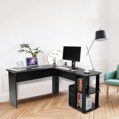 _Utility Wooden Office Computer Writing Desk Home Gaming PC Furnitur L-Shape Corner Study Computer Table With Book Shelf (black)