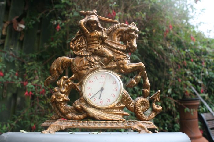 Vintage Brass Table Clock Knight on Horseback and Dragon, Saint George and Dragon, Mechanical  Clock SLAVA 11 JEWELS,  Working
