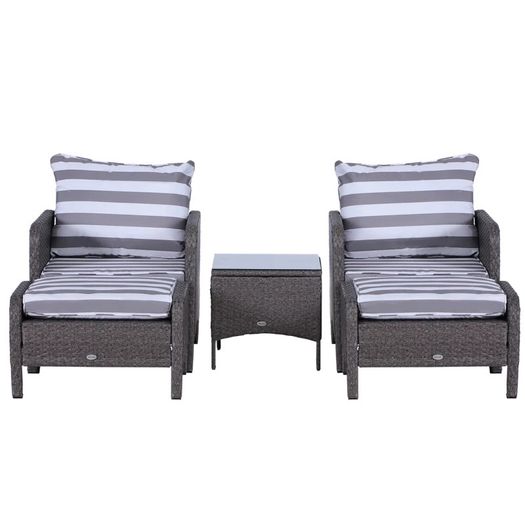 NEW SALE 5 Pcs PE Rattan Garden Furniture Set, 2 Armchairs 2 Stools Glass Top Table Cushions Wicker Weave Chairs Outdoor Seating, Dark Grey FREE SHIPPING